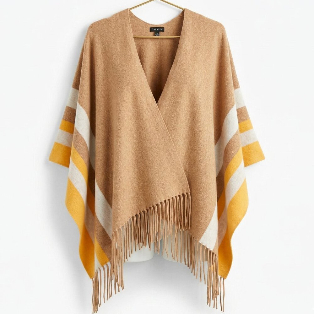 Talbots Fringe Knit Poncho Ruana Tan Gold Color block One Size